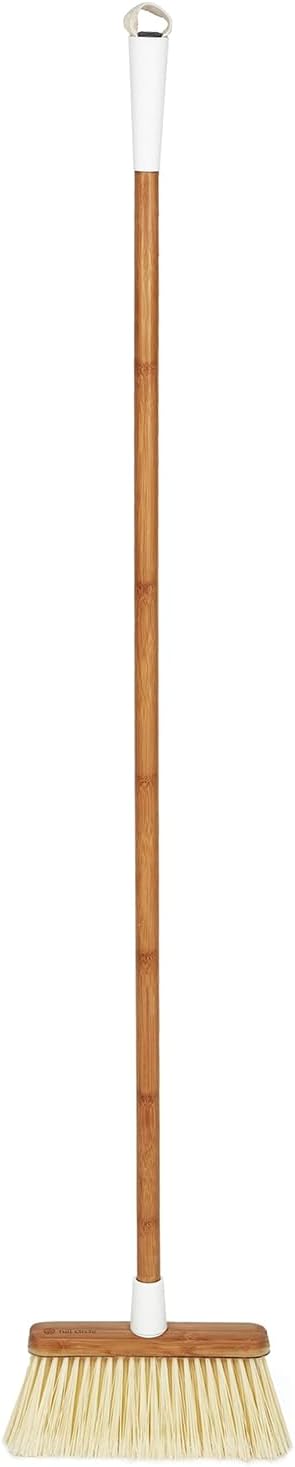 Full Circle Clean Sweep -Bamboo Broom -Angled for Precision in Tight Spaces, with Stiff Flagged Bristles for Indoor & Outdoor Cleaning -Ideal for Pet Hair, Kitchen, Hardwood, & Garage, White