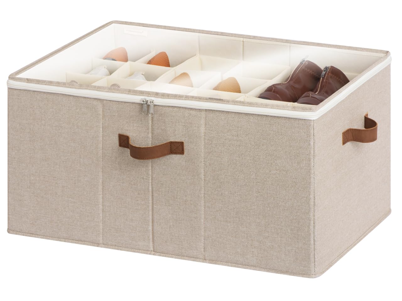 StorageWorks Shoe Organizer for Closet, Fits up to 16 Pairs, Shoe Cubby Storage Containers with Adjustable Dividers and Clear Cover, Beige