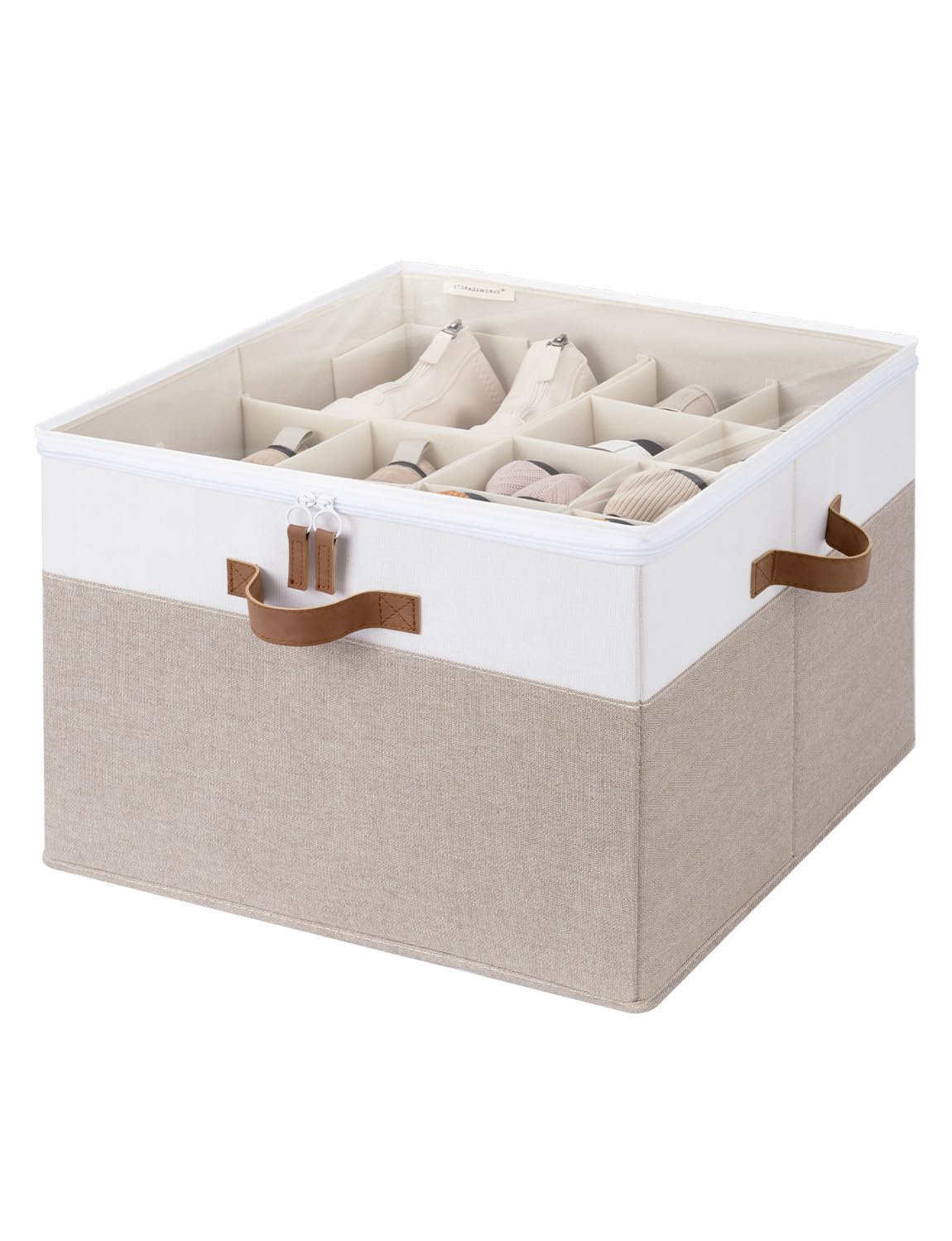StorageWorks Shoe Organizer for Closet, Fits up to 16 Pairs, Shoe Cubby Storage Containers with Adjustable Dividers and Clear Cover, Beige