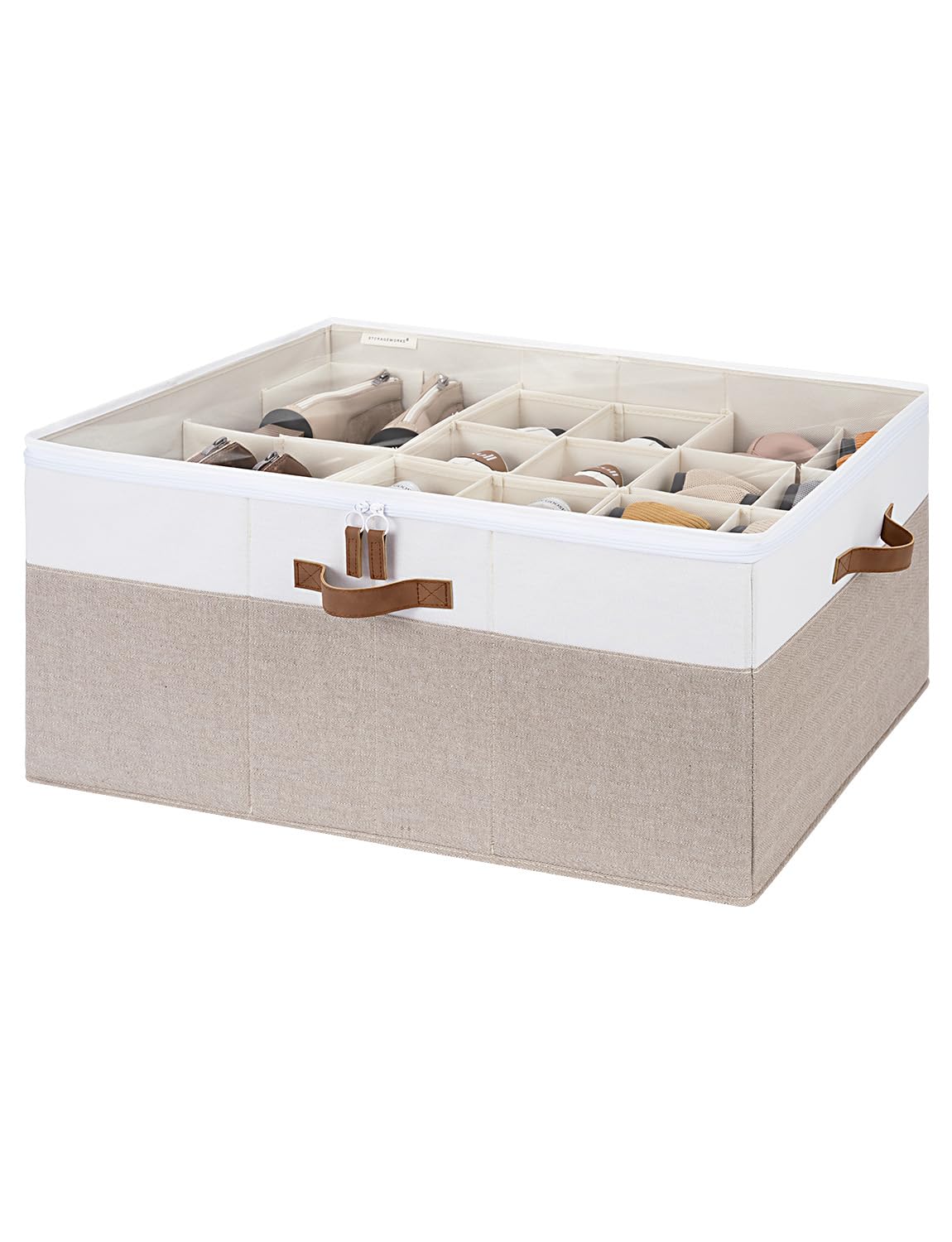 StorageWorks Shoe Organizer for Closet, Fits up to 16 Pairs, Shoe Cubby Storage Containers with Adjustable Dividers and Clear Cover, Beige