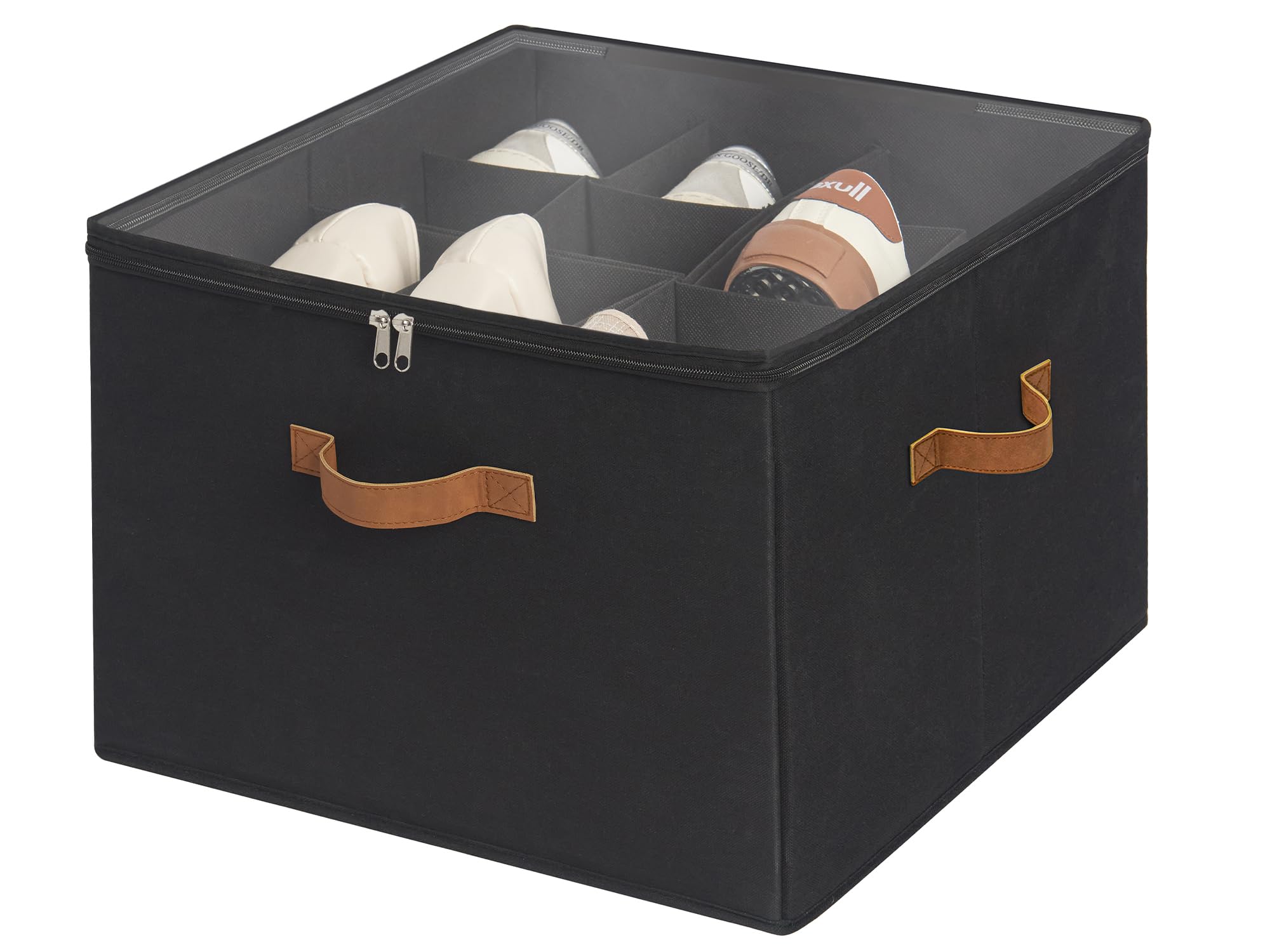 StorageWorks Shoe Organizer for Closet, Fits up to 16 Pairs, Shoe Cubby Storage Containers with Adjustable Dividers and Clear Cover, Beige