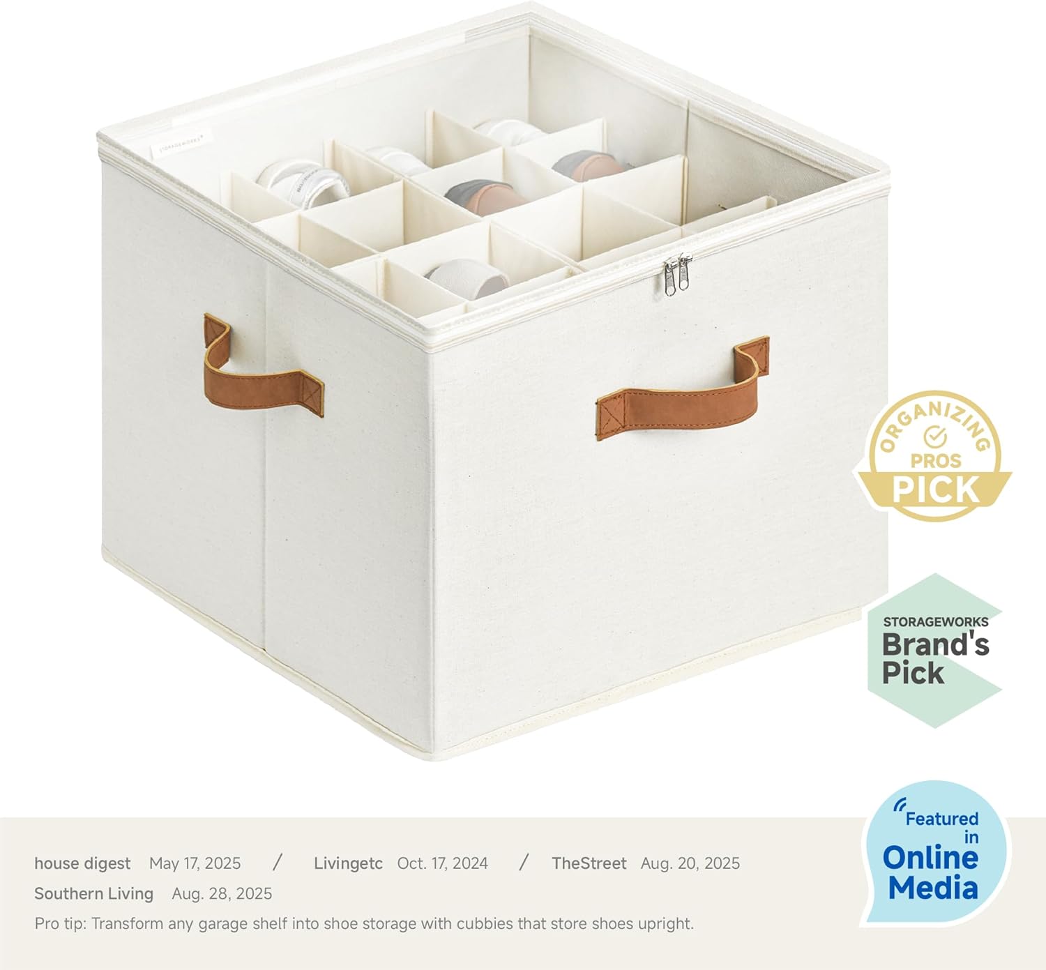 StorageWorks Shoe Organizer for Closet, Fits up to 16 Pairs, Shoe Cubby Storage Containers with Adjustable Dividers and Clear Cover, Beige