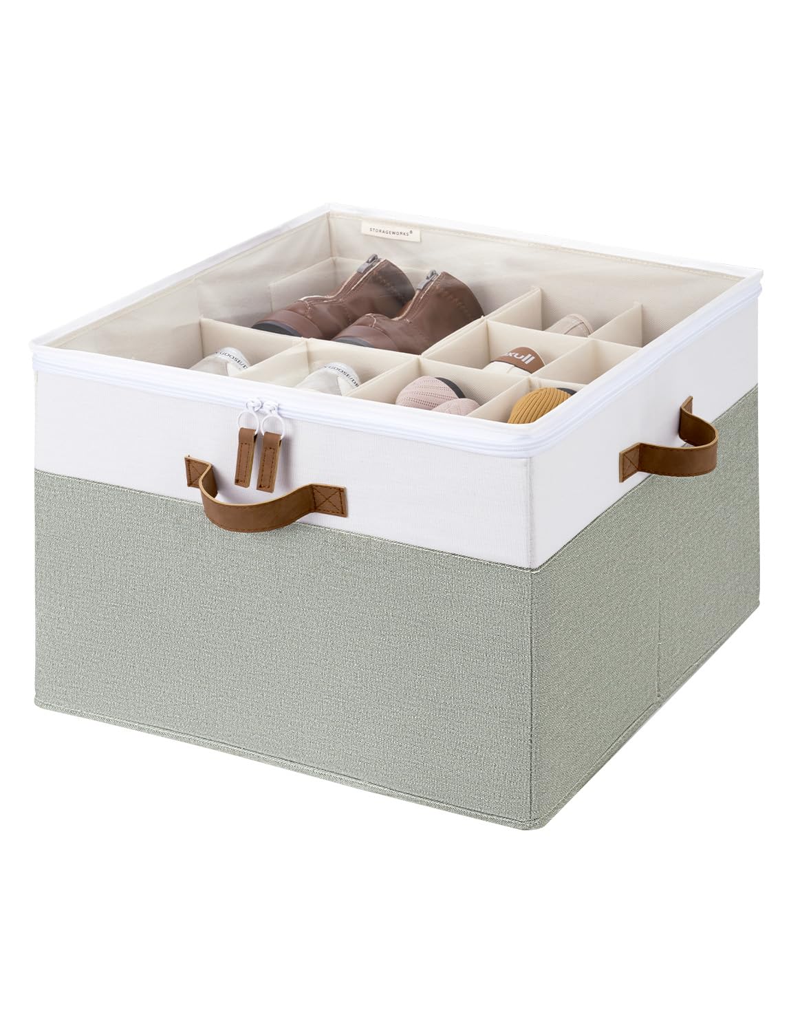 StorageWorks Shoe Organizer for Closet, Fits up to 16 Pairs, Shoe Cubby Storage Containers with Adjustable Dividers and Clear Cover, Beige