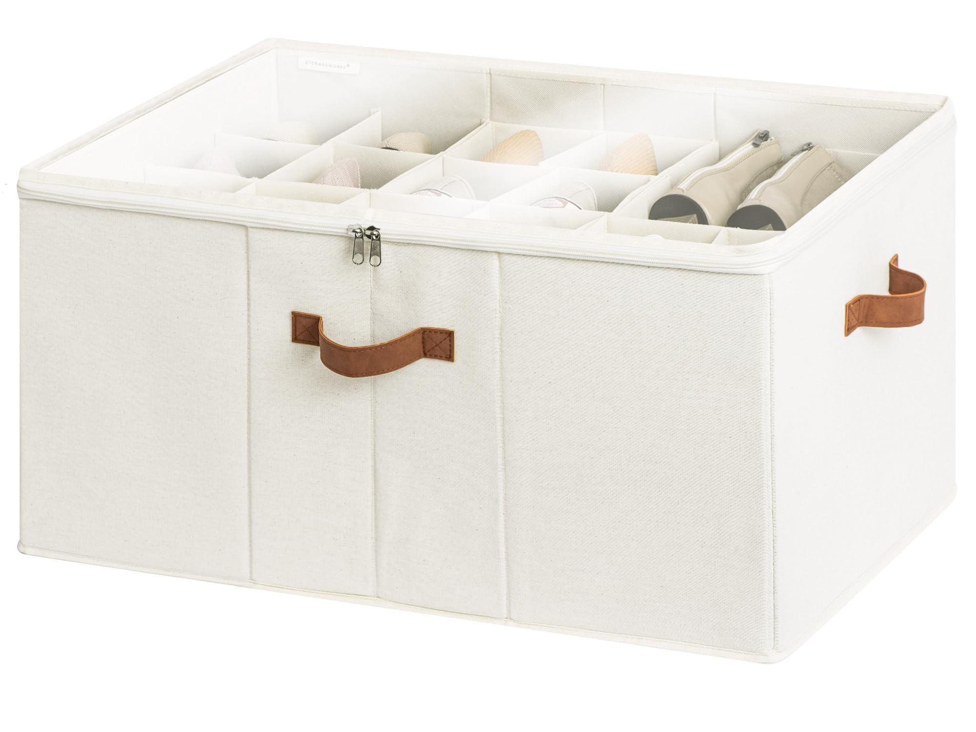 StorageWorks Shoe Organizer for Closet, Fits up to 16 Pairs, Shoe Cubby Storage Containers with Adjustable Dividers and Clear Cover, Beige