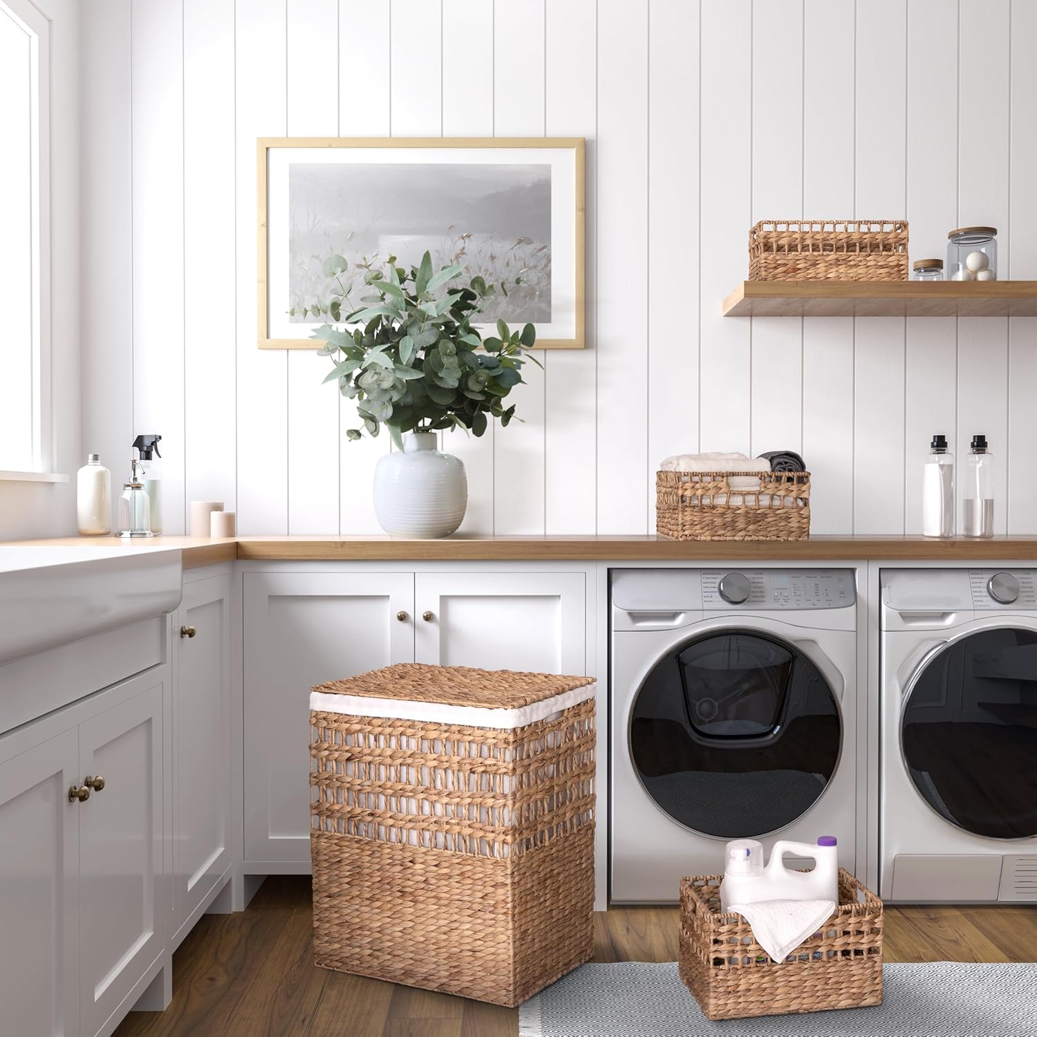 Seville Classics Premium Natural Handwoven Portable Laundry Bin Basket with Carrying Handles, Household Storage for Clothes, Linens, Sheets, Rattan, 3-Piece Hamper Set