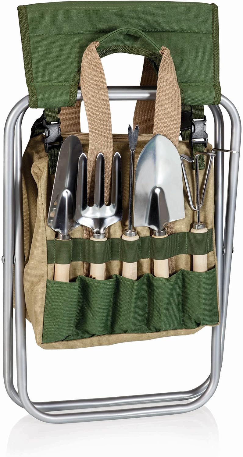 ONIVA - a Picnic Time brand Gardener Folding Seat With Tools, Garden Stool With Detachable Storage Tote Bag, Portable Chair Seat With Garden Tools Set Organizer, (Olive Green With Beige Accents)