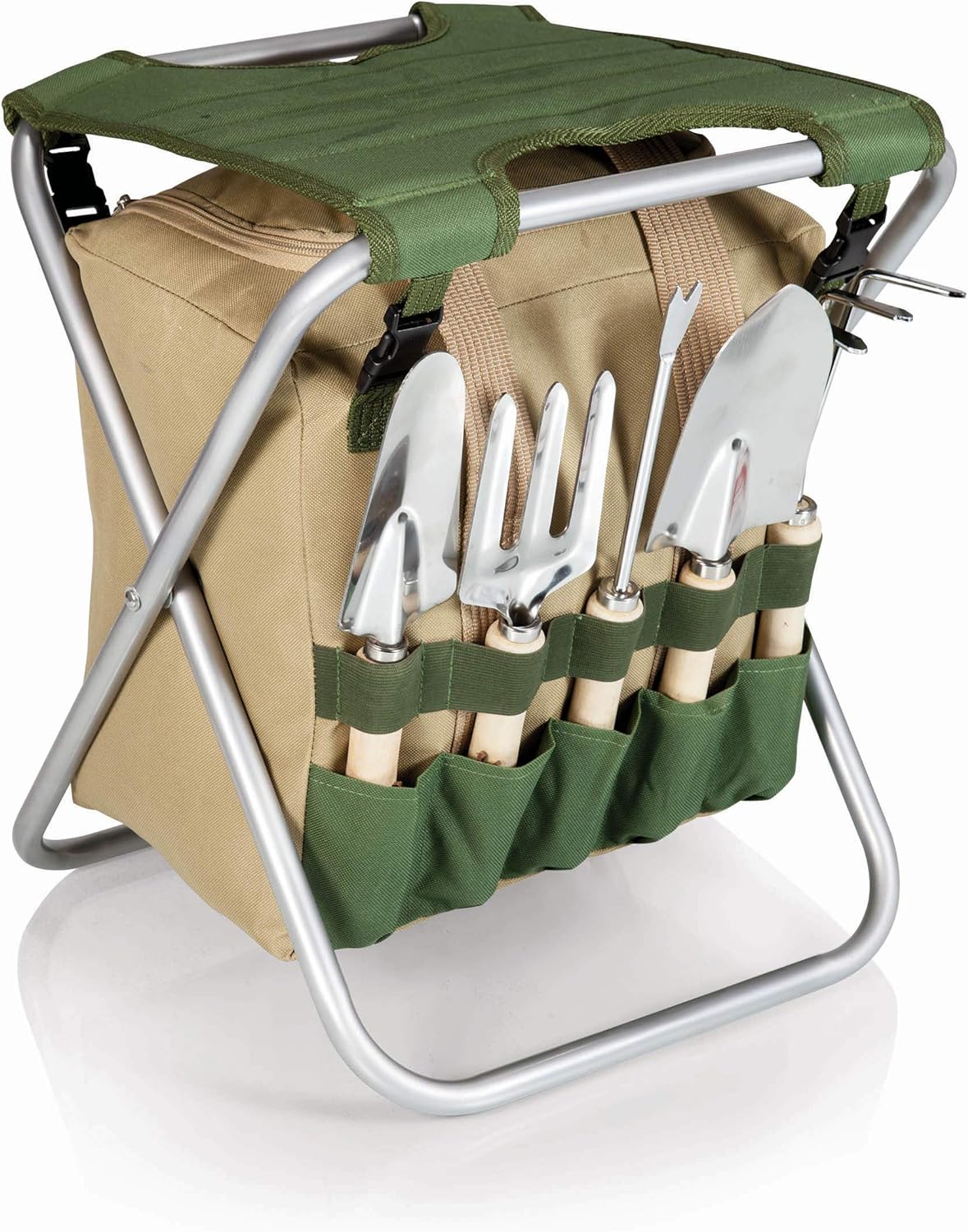 ONIVA - a Picnic Time brand Gardener Folding Seat With Tools, Garden Stool With Detachable Storage Tote Bag, Portable Chair Seat With Garden Tools Set Organizer, (Olive Green With Beige Accents)