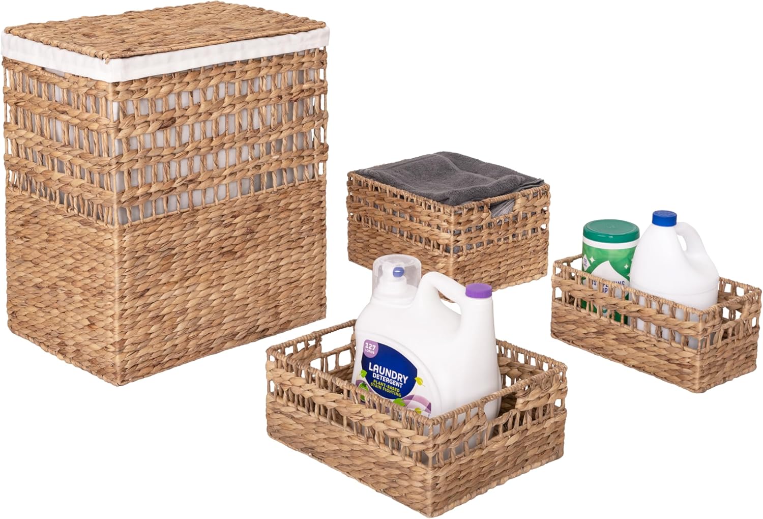 Seville Classics Premium Natural Handwoven Portable Laundry Bin Basket with Carrying Handles, Household Storage for Clothes, Linens, Sheets, Rattan, 3-Piece Hamper Set