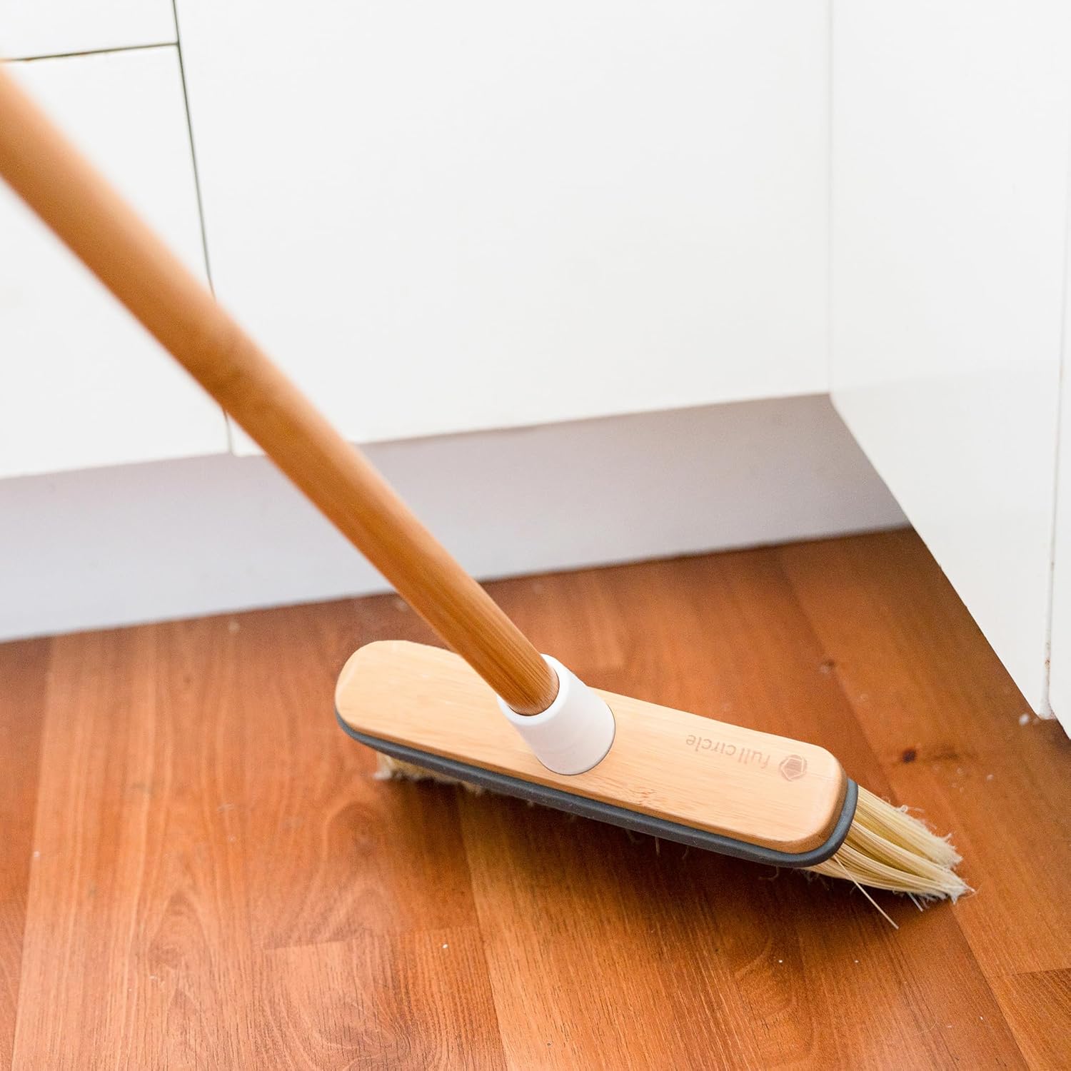 Full Circle Clean Sweep -Bamboo Broom -Angled for Precision in Tight Spaces, with Stiff Flagged Bristles for Indoor & Outdoor Cleaning -Ideal for Pet Hair, Kitchen, Hardwood, & Garage, White