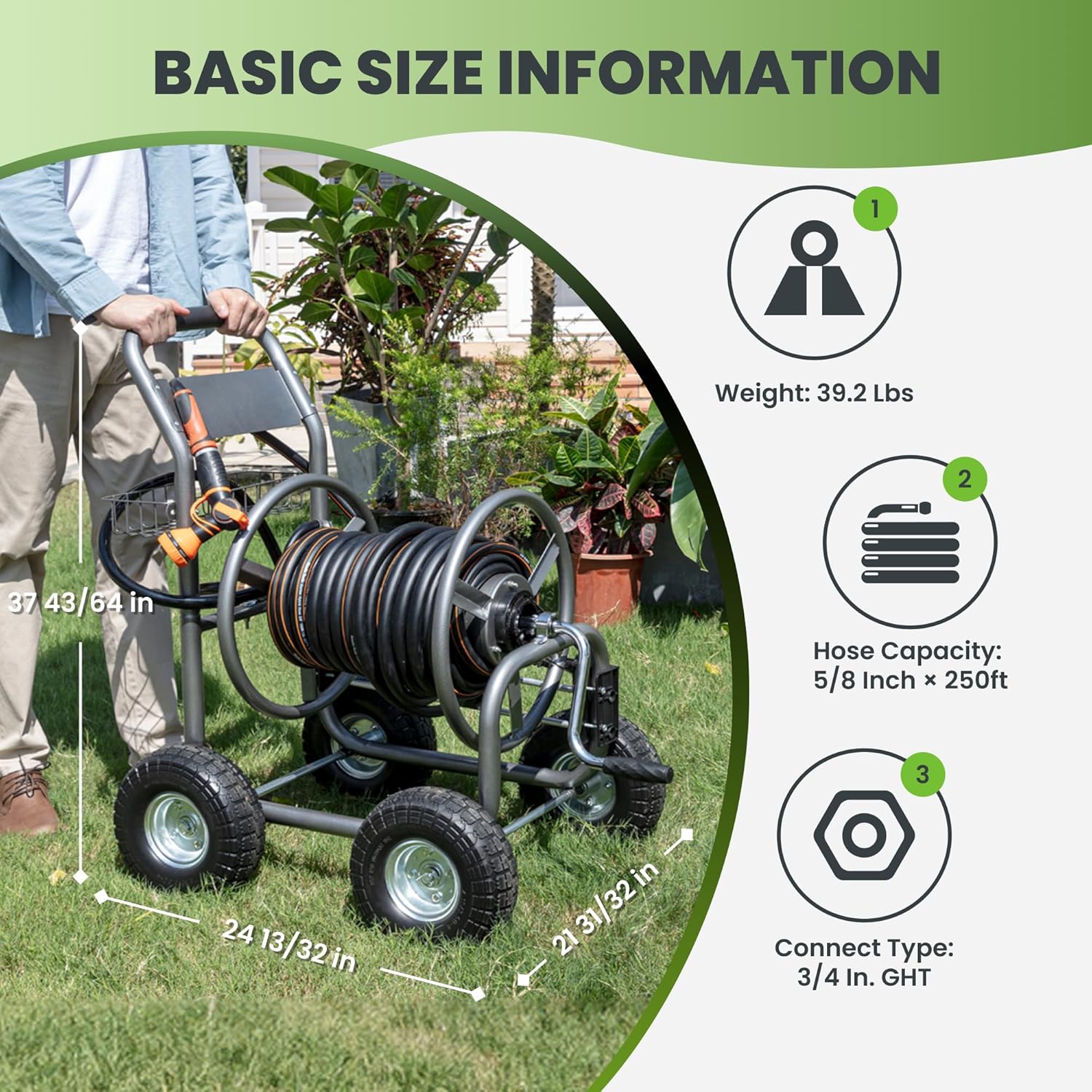 Giraffe Tools Hose Reel Cart with Wheels - Heavy Duty Industrial Hose Reel for Outside, 250-Feet of 5/8" Hose Capacity, Hose Guide Pre-Installed