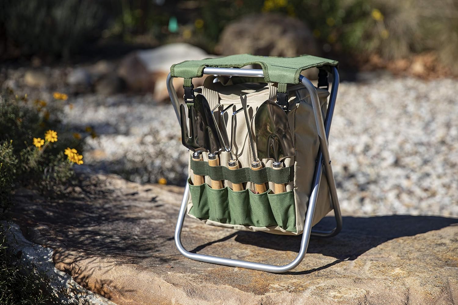 ONIVA - a Picnic Time brand Gardener Folding Seat With Tools, Garden Stool With Detachable Storage Tote Bag, Portable Chair Seat With Garden Tools Set Organizer, (Olive Green With Beige Accents)