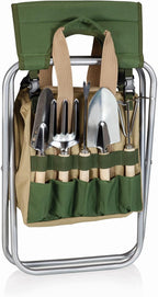 ONIVA - a Picnic Time brand Gardener Folding Seat With Tools, Garden Stool With Detachable Storage Tote Bag, Portable Chair Seat With Garden Tools Set Organizer, (Olive Green With Beige Accents)